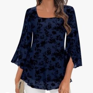 Womens Ruffle 3/4 Sleeve Loose Flowy Square Neck Chiffon Double Layer Mesh Top